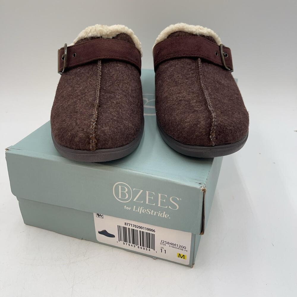LifeStride Slippers Eternity Mules Brown Felt Clog Faux Fur Lined Cozy Size 11